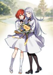 Rule 34 | 2girls, absurdres, black footwear, black pantyhose, blue flower, blurry, blurry background, blush, bouquet, brown eyes, closed mouth, commentary request, depth of field, dress, flower, green eyes, grey hair, hair between eyes, hatori chise, highres, holding, holding bouquet, lamb (hitsujiniku), loafers, long hair, long sleeves, mahou tsukai no yome, multiple girls, pantyhose, philomela sargant, puffy long sleeves, puffy sleeves, red hair, shoes, smile, socks, very long hair, white dress, white footwear, white socks, yellow flower, yuri