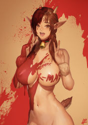 Rule 34 | 1girl, antlers, bell, bodypaint, breasts, brown eyes, brown hair, christmas, collar, double v, groin, highres, horns, instant ip, large breasts, merry christmas, naked paint, navel, neck bell, nipples, nude, open mouth, original, out-of-frame censoring, pointy ears, solo, tail, v