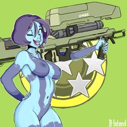 Rule 34 | 1girl, artificial intelligence, bintend9, blue hair, blue hologram, blue skin, breasts, colored skin, cortana, female focus, green background, halo (game), halo (series), halo 3, halo 4, hand on own hip, hologram, nipples, nude, one eye closed, pin up, pussy, spartan laser, text focus, tongue, weapon, wink