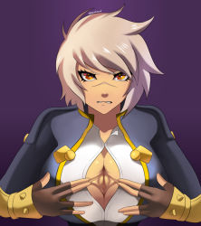 Rule 34 | 1girl, blazblue, breasts, bullet (blazblue), cleavage, deep skin, female focus, gradient background, large breasts, looking at viewer, paizuri invitation, solo, sowilo, upper body, what