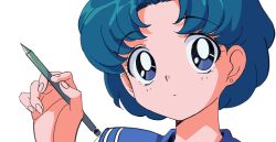 1girl bishoujo_senshi_sailor_moon blue_eyes blue_hair close-up closed_mouth expressionless hand_up highres holding holding_pencil looking_at_viewer mizuno_ami nnn-ollll pencil portrait short_hair simple_background solo white_background