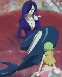 Rule 34 | 2girls, back, bare shoulders, black hair, blue eyes, breasts, bubble, camie (one piece), cleavage, couch, fins, fish tail, fishman island, giant, giantess, green hair, hair over one eye, highres, hood, hoodie, large breasts, madame shirley, mermaid, monster girl, multiple girls, nail polish, one piece, red upholstery, shark tail, short hair, sitting, size difference, smoking pipe, tail