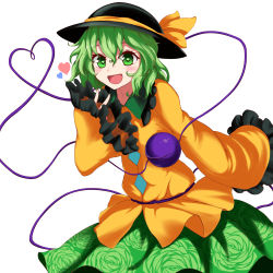 Rule 34 | 1girl, absurdres, black hat, blouse, blush, bow, collar, crystal, floral print, flower, frills, green collar, green eyes, green flower, green hair, green rose, green skirt, hair between eyes, hand up, hat, hat bow, heart, heart-shaped pupils, highres, komeiji koishi, long sleeves, looking at viewer, open mouth, rose, rose print, shirt, shokabatsuki, simple background, skirt, smile, solo, standing, symbol-shaped pupils, third eye, touhou, white background, wide sleeves, yellow bow, yellow shirt, yellow sleeves