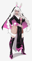 Rule 34 | 1girl, animal ears, black footwear, black headwear, blush, boots, braid, breasts, commentary, english commentary, full body, grey background, high heels, highres, large breasts, long sleeves, looking at viewer, original, parted lips, pelvic curtain, pink eyes, rabbit ears, simple background, smile, solo, thigh boots, thighhighs, thighhighs under boots, thighs, tofuubear, twin braids, white hair