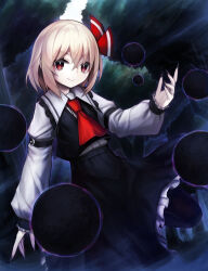 Rule 34 | 1girl, blonde hair, bow, hair bow, highres, long sleeves, looking at viewer, necktie, red eyes, red necktie, rumia, smile, solo, spark621, touhou, vest
