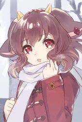 Rule 34 | 1girl, animal ears, blush, brown hair, coat, cow ears, cow girl, cow horns, earrings, headband, holmy (show by rock!!), horns, jewelry, long sleeves, looking at viewer, mel6969, open mouth, red coat, red eyes, red headband, scarf, short hair, show by rock!!, solo, white scarf