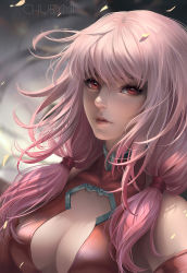Rule 34 | 1girl, ahoge, artist name, bare shoulders, blurry, blurry background, breasts, center opening, chuby mi, cleavage, cleavage cutout, clothing cutout, depth of field, detached sleeves, eyelashes, guilty crown, hair tie, highres, lips, long hair, looking at viewer, low twintails, medium breasts, parted lips, petals, pink hair, portrait, red eyes, solo, twintails, upper body, wind, yuzuriha inori