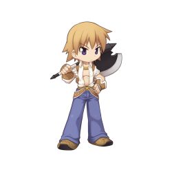 Rule 34 | 1boy, :/, axe, belt, blacksmith (ragnarok online), blue pants, brown belt, brown footwear, brown gloves, chibi, closed mouth, fingerless gloves, full body, gloves, hand on own hip, holding, holding axe, light brown hair, looking at viewer, male focus, medium bangs, official art, open clothes, open shirt, pants, purple eyes, ragnarok online, shirt, shoes, short hair, short sleeves, simple background, solo, standing, tachi-e, transparent background, unbuttoned, unbuttoned shirt, v-shaped eyebrows, white shirt, yuichirou