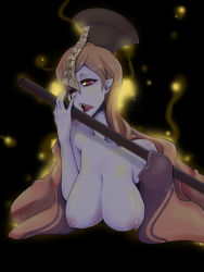 Rule 34 | 1girl, blonde hair, blue skin, breasts, colored skin, evil, fangs, female focus, final fantasy, final fantasy tactics, hat, indo curry, long hair, mystic (fft), nipples, one eye closed, open mouth, pointy ears, polearm, red eyes, robe, solo, staff, tongue, weapon, wink, zombie