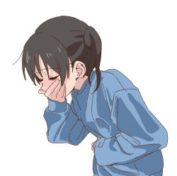 Rule 34 | 1girl, black hair, blue pajamas, blush, character request, closed eyes, copyright request, covering own mouth, doublep0ints, gagging, hand on own stomach, hand over own mouth, medium hair, morning sickness, nausea, pajamas, sick, simple background, tagme, twintails, upper body, white background