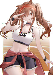 Rule 34 | 1girl, absurdres, angelina (arknights), animal ears, arknights, ball, basketball, basketball (object), black collar, black shorts, black wrist cuffs, breasts, brown eyes, brown hair, chichi guai, cleavage, clothes around waist, collar, collarbone, cowboy shot, fox ears, hair between eyes, hand up, highres, infection monitor (arknights), jacket, jacket around waist, large breasts, long hair, midriff, navel, official alternate costume, red jacket, shorts, sidelocks, solo, sports bra, thigh gap, twintails, white sports bra, wrist cuffs