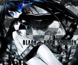 Rule 34 | 10s, 1girl, black hair, black rock shooter, black rock shooter (character), blue eyes, hatsune miku, long hair, midriff, mitake eil, monochrome, scar, shorts, solo, spot color, stitches, twintails, vocaloid