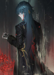 Rule 34 | 1boy, absurdres, artist name, bandaged fingers, bandaged hand, bandages, black coat, black hair, blade (honkai: star rail), chinese clothes, closed mouth, coat, commentary, cowboy shot, danzir, earrings, flower, from behind, hair over eyes, hand up, highres, honkai: star rail, honkai (series), jewelry, long hair, looking to the side, male focus, red ribbon, ribbon, signature, solo, spider lily, standing