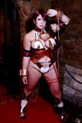 Rule 34 | 1girl, asian, blue eyes, branwen (queen&#039;s blade), branwen (queen&#039;s blade) (cosplay), breasts, brown hair, chouzuki maryou, cleavage, cosplay, heterochromia, highres, hip focus, large breasts, photo (medium), plump, queen&#039;s blade, queen&#039;s blade rebellion, red eyes, solo, thick thighs, thighs, wide hips