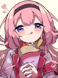 Rule 34 | 1girl, :p, absurdres, armband, blazer, blush, cream, cream on face, crepe, food, food on face, fruit, hairband, heart, heart in eye, highres, holding, holding food, jacket, licking lips, long hair, long sleeves, low twintails, nail polish, nijisanji, pink hair, purple eyes, siesta qwq, smile, solo, strawberry, suo sango, suo sango (1st costume), symbol in eye, tongue, tongue out, twintails, virtual youtuber, whipped cream