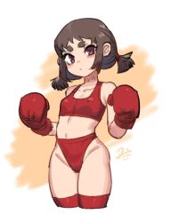 Rule 34 | 1girl, bare shoulders, boxing gloves, breasts, brown background, brown hair, closed mouth, collarbone, commentary, cropped legs, difman, groin, highres, looking at viewer, low twintails, navel, original, purple eyes, red thighhighs, short eyebrows, short twintails, simple background, small breasts, solo, standing, symbol-only commentary, thick eyebrows, thighhighs, twintails, two-tone background, white background