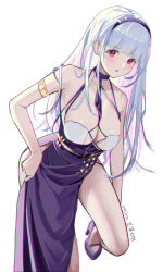 Rule 34 | 1girl, absurdres, azur lane, between breasts, blush, breasts, chromatic aberration, cleavage, dated, dido (anxious bisque doll) (azur lane), dido (azur lane), dress, grey hair, hairband, halter dress, halterneck, high heels, highres, large breasts, long dress, long hair, looking at viewer, official alternate costume, parted lips, pelvic curtain, purple dress, purple eyes, purple footwear, purple hairband, simple background, solo, standing, standing on one leg, white background, whitehartlane13