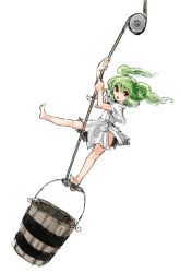 Rule 34 | 1girl, bare legs, barefoot, bucket, climbing, female focus, full body, green hair, japanese clothes, kimono, kisume, kitayuki kajika, looking at viewer, open mouth, outstretched leg, red eyes, rope, side slit, simple background, solo, standing, standing on one leg, swinging, touhou, twintails, white background, yukata