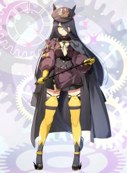 Rule 34 | 1girl, animal ears, black cape, black hair, black skirt, boots, bow, breasts, brown jacket, cape, center frills, closed mouth, commentary request, eyes visible through hair, frills, full body, gears, gloves, grey footwear, hair over one eye, highres, holding, horse ears, horse girl, horse tail, jacket, long hair, long sleeves, looking at viewer, manhattan cafe (umamusume), medium breasts, military, military uniform, pilokey, pleated skirt, puffy long sleeves, puffy sleeves, riding crop, skirt, solo, standing, tail, thighhighs, umamusume, uniform, very long hair, white bow, yellow eyes, yellow gloves, yellow thighhighs