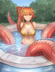 Rule 34 | 10s, 1girl, absurdres, bare shoulders, bikini, bikini top only, breasts, bush, cleavage, collarbone, commission, day, grass, hair between eyes, hair ornament, hairclip, highres, lamia, long hair, looking at viewer, medium breasts, miia (monster musume), monster girl, monster musume no iru nichijou, navel, orange hair, outdoors, partially submerged, pointy ears, scales, side ponytail, smile, solo, sookmo, swimsuit, wading pool, water, water drop, yellow bikini, yellow eyes