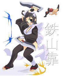 Rule 34 | 1boy, 1girl, amasa mitsunaru, attack, bald, black eyes, black hair, black thighhighs, blade, blush, boots, breasts, butterfly swords, cleavage, detached sleeves, dual wielding, full body, gloves, hair ornament, hairband, holding, iroha (samurai spirits), japanese clothes, looking at viewer, maid, neinhalt sieger, pants, samurai spirits, sandals, short hair, simple background, snk, solo focus, sword, thighhighs, thighs, throwing, weapon, white background, zouri