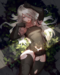Rule 34 | android, arm up, bare shoulders, black gloves, blue eyes, collarbone, covered navel, elbow gloves, gloves, grass, hair between eyes, highres, jiro (ninetysix), long hair, lying, mole, mole under mouth, nier (series), nier:automata, on back, one eye closed, parted lips, solo, thick thighs, thighs, white hair, a2 (nier:automata)