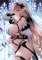 Rule 34 | 1girl, absurdres, ahoge, bare shoulders, blush, breasts, closed mouth, covered erect nipples, elf, feathers, frills, from side, habit, hair ornament, hand up, highres, holding, jewelry, large breasts, light brown hair, long hair, long sleeves, looking at viewer, navel, necklace, original, pointy ears, purple eyes, revealing clothes, scan, see-through, shiny skin, sideboob, sidelocks, simple background, smile, solo, sora 72-iro, stomach, thighs