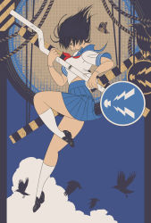 Rule 34 | 1girl, bird, black footwear, black hair, blue sailor collar, blue skirt, blue sky, bug, butterfly, closed mouth, cloud, crow, day, falling, floating hair, from side, highres, holding, insect, kondou totetsu, loafers, neckerchief, original, outdoors, pillarboxed, pleated skirt, profile, red neckerchief, resolution mismatch, road sign, sailor collar, school uniform, serafuku, shirt, shoes, sign, skirt, sky, socks, solo, source larger, white shirt, white socks, wristband