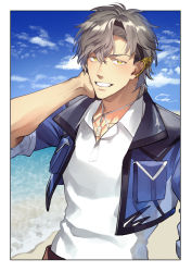 Rule 34 | 1boy, arm behind head, beach, collarbone, commission, cropped jacket, earclip, eyebrow cut, framed, gloves, grey hair, grin, hairband, half gloves, highres, jacket, jewelry, looking at viewer, male focus, necklace, original, otani (gloria), shirt, short hair, signature, smile, white shirt, yellow eyes