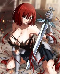 Rule 34 | 1girl, arm tattoo, armored gloves, breasts, erza scarlet, fairy tail, female focus, gloves, highres, holding, holding sword, holding weapon, looking at viewer, medium breasts, open mouth, rakara11 (rakkarts), red eyes, red hair, short hair, solo, sweat, sword, tattoo, torn clothes, weapon
