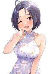 Rule 34 | 1girl, absurdres, ahoge, b1ack illust, bare shoulders, blue hair, blush, breasts, collarbone, commentary, dot nose, dress, floral print, hand on own face, hand up, highres, idolmaster, idolmaster (classic), idolmaster million live!, idolmaster million live! theater days, large breasts, looking at viewer, miura azusa, one eye closed, open mouth, print dress, red eyes, short hair, simple background, sleeveless, sleeveless dress, smile, solo, upper body, white background, white dress