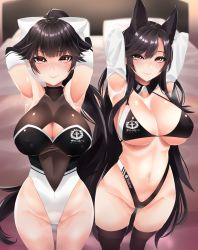Rule 34 | 2girls, absurdres, alternate costume, animal ears, armpits, arms behind head, atago (azur lane), atago (stunning speedster) (azur lane), azur lane, bare shoulders, bikini, black bikini, black hair, black legwear, blush, bow, breasts, brown eyes, cleavage, cleavage cutout, closed mouth, clothing cutout, collarbone, commentary request, copyright name, covered collarbone, covered navel, elbow gloves, extra ears, gloves, groin, hair bow, high ponytail, highleg, highleg bikini, highleg leotard, highres, huge filesize, large breasts, leotard, logo, long hair, looking at viewer, multiple girls, navel, race queen, shiny skin, shrug (clothing), sidelocks, smile, standing, surota, swept bangs, swimsuit, takao (azur lane), takao (full throttle charmer) (azur lane), thighhighs, turtleneck, very long hair, white bow, white gloves, wrist cuffs