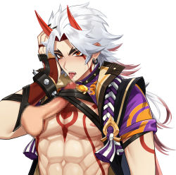 Rule 34 | 2boys, abs, arataki itto, black nails, blur censor, blush, bodypaint, censored, choker, disembodied penis, ear piercing, erection, facepaint, fang, fellatio, fingerless gloves, genshin impact, gloves, hand on own head, highres, horns, japanese clothes, licking, licking penis, long hair, male focus, multicolored hair, multiple boys, muscular, muscular male, nail polish, nipples, oral, parted lips, pectorals, penis, piercing, pinchi, red eyes, red hair, saliva, simple background, solo focus, spiked choker, spikes, sweat, tassel, thick eyebrows, white background, white hair, yaoi