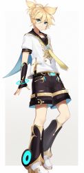 Rule 34 | 1boy, absurdres, adapted costume, bad id, bad twitter id, black collar, black gloves, black shorts, blonde hair, blue eyes, collar, commentary, ei flow, english commentary, fingerless gloves, full body, genshin impact, gloves, gold trim, highres, kagamine len, leg warmers, light frown, male focus, necktie, parody, sailor collar, school uniform, shirt, short ponytail, short sleeves, shorts, solo, spiked hair, standing, striped, striped background, v-shaped eyebrows, vocaloid, white footwear, white shirt, yellow necktie
