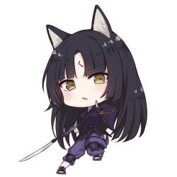 Rule 34 | animal ears, arknights, asymmetrical gloves, black gloves, black hair, black kimono, blush, brown eyes, chibi, dog ears, facial mark, fingerless gloves, forehead mark, full body, gloves, holding, holding weapon, japanese clothes, kimono, long hair, long sleeves, looking at viewer, mango (mgo), mismatched gloves, naginata, pants, parted bangs, parted lips, polearm, puffy pants, purple gloves, purple pants, saga (arknights), simple background, socks, solo, standing, standing on one leg, very long hair, weapon, white background, white socks, wide sleeves