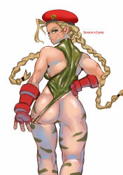 Rule 34 | 1girl, absurdres, ass, back, backboob, blonde hair, blue eyes, breasts, cammy white, capcom, clothes, female focus, fingerless gloves, gloves, hat, highres, long hair, medium breasts, muscular, muscular female, open clothes, scar, scar on face, simple background, solo, streachybear, street fighter, twintails, white background