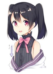 Rule 34 | 1girl, arrow (symbol), black hair, bow, clothes pull, commentary, cosplay, flat chest, frilled shirt collar, frills, hair between eyes, looking at viewer, love live!, love live! school idol project, mimura zaja, parody, parted lips, pink bow, pink ribbon, red eyes, ribbon, shirt, shirt pull, simple background, sleeveless, sleeveless shirt, smile, solo, twintails, upper body, urara meirochou, white background, yazawa nico, yukimi koume, yukimi koume (cosplay)