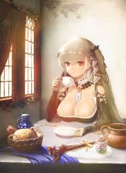 Rule 34 | 1girl, azur lane, bare shoulders, between breasts, black dress, blush, bread, breasts, candy, cleavage, cup, day, dress, earrings, fine art parody, flower, food, formidable (azur lane), frilled dress, frills, grey hair, hair ribbon, highres, indoors, jewelry, johannes vermeer, jug (bottle), large breasts, long hair, long sleeves, looking at viewer, maid, parody, plate, red eyes, ribbon, sauvignon, sitting, solo, table, tablecloth, twintails, two-tone dress, two-tone ribbon, very long hair, window, world map