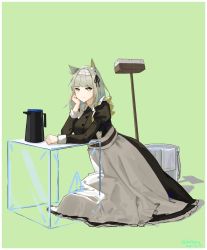 Rule 34 | 1girl, absurdres, airnery, animal ear fluff, animal ears, apron, arknights, black shirt, black skirt, blouse, broom, bucket, bucket of water, cat ears, commentary request, dated, elbows on table, frilled apron, frills, full body, green background, green eyes, grey hair, hair ribbon, hand on own chin, highres, kal&#039;tsit (arknights), kettle, kneeling, long skirt, looking at viewer, maid, maid apron, maid headdress, medium hair, official alternate costume, ribbon, shadow, shirt, simple background, skirt, solo, twitter username