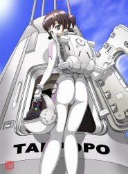 Rule 34 | 00s, 1girl, ass, astronaut, bodysuit, cloud, geitassha, gloves, helmet, highres, looking at viewer, looking back, md5 mismatch, morita yukari, outdoors, rocket girls, science fiction, short twintails, side ponytail, skin tight, sky, solo, space, spacecraft, spacesuit, thigh gap, twintails