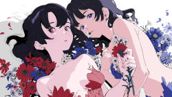 Rule 34 | 2girls, bare back, black hair, blue eyes, blue flower, breasts, breasts apart, flower, highres, holding, holding flower, long hair, looking at viewer, medium breasts, multiple girls, nail polish, original, parted lips, pink nails, red eyes, red flower, shadow, signature, umishima senbon, upper body, white flower