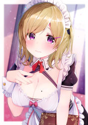 Rule 34 | 1girl, 3:, absurdres, apron, blonde hair, blurry, blurry background, blush, breasts, cleavage, closed mouth, commentary request, depth of field, detached collar, highres, indoors, large breasts, leaning forward, light brown hair, looking at viewer, maid, maid apron, maid headdress, medium hair, mole, mole on breast, original, purple eyes, revision, rouka (akatyann), short sleeves, solo, tearing up, tears, waist apron, wrist cuffs