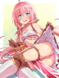 Rule 34 | 1girl, absurdres, between legs, blue eyes, blush, breasts, brown gloves, endro!, gloves, hair ornament, hairclip, highres, leg belt, lifted by self, long hair, looking at viewer, low twintails, lying, michairu, on side, panties, pink hair, small breasts, solo, sword, twintails, underwear, weapon, yuria shardet