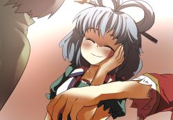 Rule 34 | 1boy, 2girls, blue hair, commentary request, closed eyes, gaoo (frpjx283), hair ornament, hair rings, hair stick, hand on own face, hetero, kaku seiga, miyako yoshika, multiple girls, outstretched arms, shawl, short hair, smile, touhou