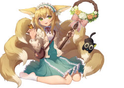Rule 34 | 1girl, 22 (dbq), :d, absurdres, animal ear fluff, animal ears, arknights, bag, black cat, blonde hair, blue hairband, blue skirt, bow, brown flower, brown jacket, brown rose, cat, commentary request, flower, fox ears, fox girl, fox tail, frilled hairband, frills, full body, green eyes, hair between eyes, hairband, hands up, highres, holding, jacket, kitsune, long hair, long sleeves, luo xiaohei, luo xiaohei zhanji, neck ribbon, no shoes, open clothes, open jacket, open mouth, pink bow, puffy long sleeves, puffy sleeves, red ribbon, ribbon, rose, shirt, shoulder bag, simple background, sitting, skirt, smile, socks, suzuran (arknights), suzuran (spring praise) (arknights), tail, teeth, upper teeth only, wariza, white background, white flower, white rose, white shirt, white socks