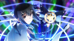 Rule 34 | 1girl, black hair, brown eyes, cape, closed mouth, detached sleeves, fate/kaleid liner prisma illya, fate (series), hair between eyes, hair ornament, hairclip, holding, kaleidostick, light blush, light smile, long hair, long sleeves, looking at viewer, magical sapphire, miyu edelfelt, official art, sidelocks, smile, solo, star (symbol), x hair ornament