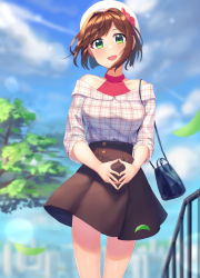 Rule 34 | 1girl, alternate costume, bag, bare shoulders, beret, blurry, blurry background, bow, breasts, brown hair, brown skirt, cityscape, cloud, cloudy sky, collarbone, covered collarbone, cowboy shot, falling leaves, fang, fingers together, green eyes, hair bow, halterneck, handbag, handrail, hat, head tilt, highres, idolmaster, idolmaster cinderella girls, kurageso, large breasts, leaf, looking at viewer, maekawa miku, open mouth, outdoors, pink shirt, plaid, plaid shirt, shirt, short hair, skirt, sky, sleeves rolled up, smile, solo, tareme, tree