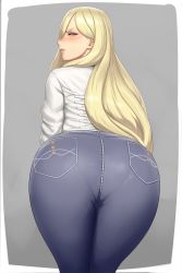 Rule 34 | 1girl, ass, ass focus, blonde hair, blouse, blue eyes, blush, denim, grey background, hair over one eye, highres, huge ass, jeans, kantai collection, legs together, lips, long hair, long sleeves, looking at viewer, looking back, lvl (sentrythe2310), mole, mole under eye, mole under mouth, outside border, pants, pantylines, parted lips, pocket, richelieu (kancolle), shirt, simple background, solo, standing, very long hair, wavy hair, white shirt