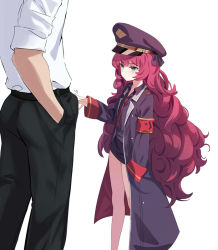 Rule 34 | 1boy, 1girl, armband, black coat, black legwear, black skirt, blue archive, blue eyes, blush, bulge, coat, commentary, erection, erection under clothes, feet out of frame, hands in pockets, head out of frame, height difference, iroha (blue archive), long hair, military, military uniform, miniskirt, necktie, red hair, red necktie, simple background, skirt, solo focus, thighs, uniform, very long hair, wavy hair, white background, zi se