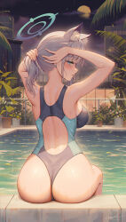 Rule 34 | 1girl, animal ear fluff, animal ears, arms up, ass, back cutout, bare arms, bare shoulders, blue archive, blue eyes, blue one-piece swimsuit, blush, cat ears, closed mouth, clothing cutout, ear piercing, from behind, full moon, grey hair, halo, hayate (leaf98k), highres, looking at viewer, looking back, medium hair, moon, one-piece swimsuit, outdoors, piercing, plant, pool, potted plant, shiroko (blue archive), shiroko (swimsuit) (blue archive), signature, sitting, solo, swimsuit, tying hair, water, wet